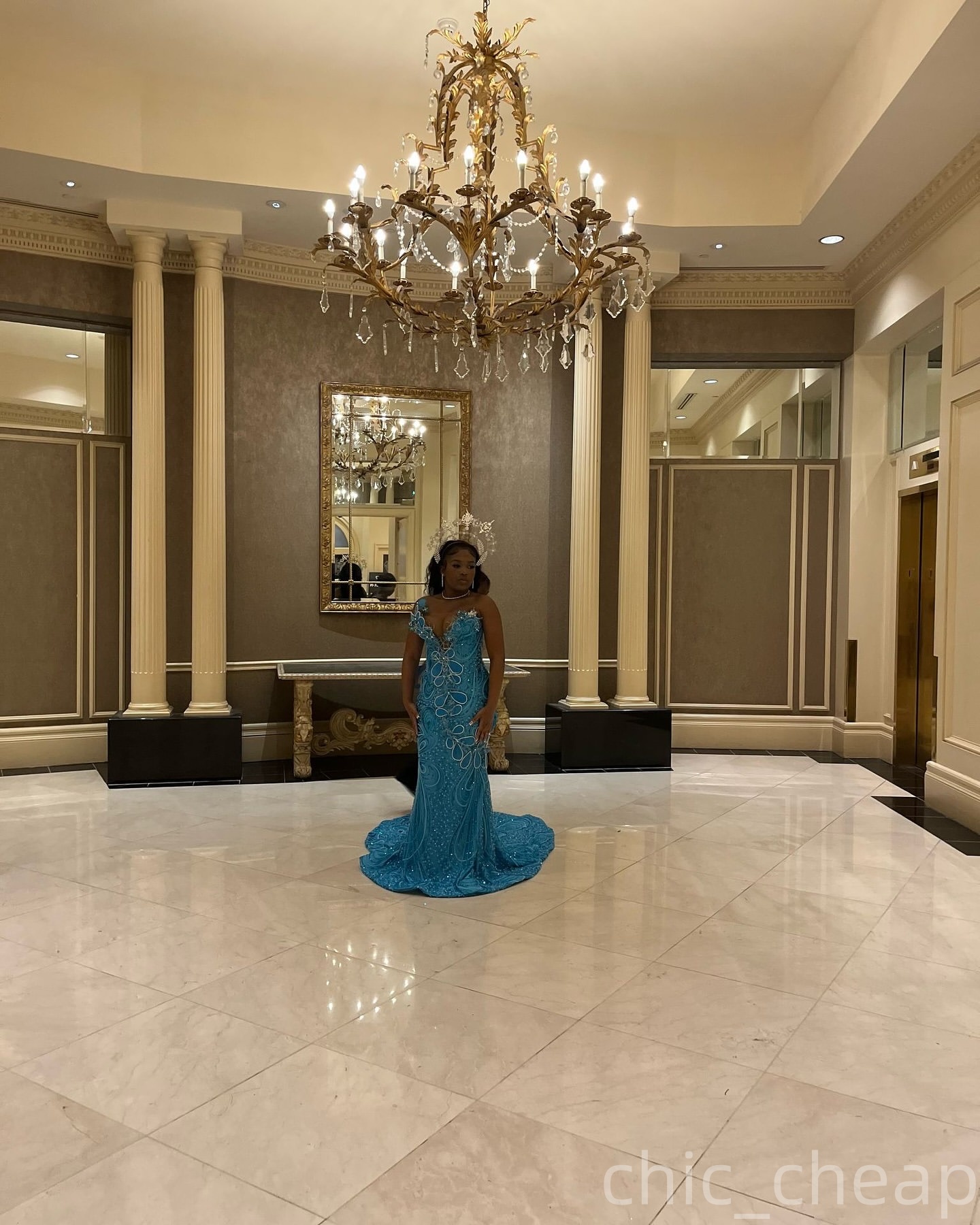 Sky Blue Mermaid Prom Dresses 2025 Florals Crystals Sequined Lace Evening Formal Party Second Birthday Engagement Gowns Plus Size Dress For Special Oc