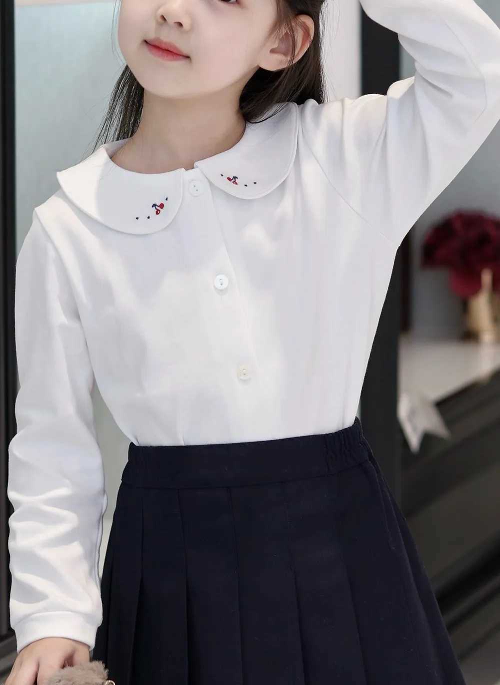 Autumn Winter Girls Shirt kids girls clothes Cherry and flower embroidered doll collar shirt white base cotton top C251007