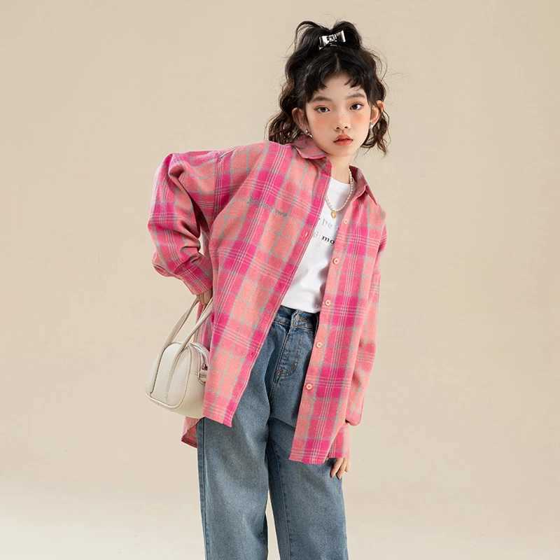 Fashion Casual Childrens Long Sleeve Pink Plaid Shirt for Girls Stylish Street Clothing Kids Spring Autumn Blouses Age 514Y C251007