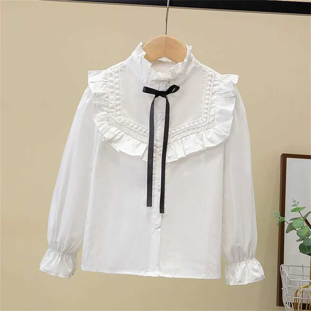 2025 Girls White Shirt Spring and Autumn Lace New Top Childrens Cotton Korean Female Student White Blouse for Girls clothes C251007
