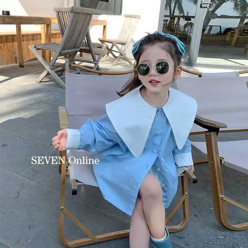 Girls KoreanStyle Stitching Contrast Color Shirt 2023 Spring New Children Fashionable Stylish Polo Collar Top C251007