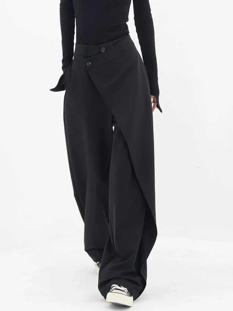 HOUZHOU Women Wide Suit Pants High Waist Gothic Japanese Style Baggy Black Trousers Irregular Straight Pants Casual Streetwear M251007