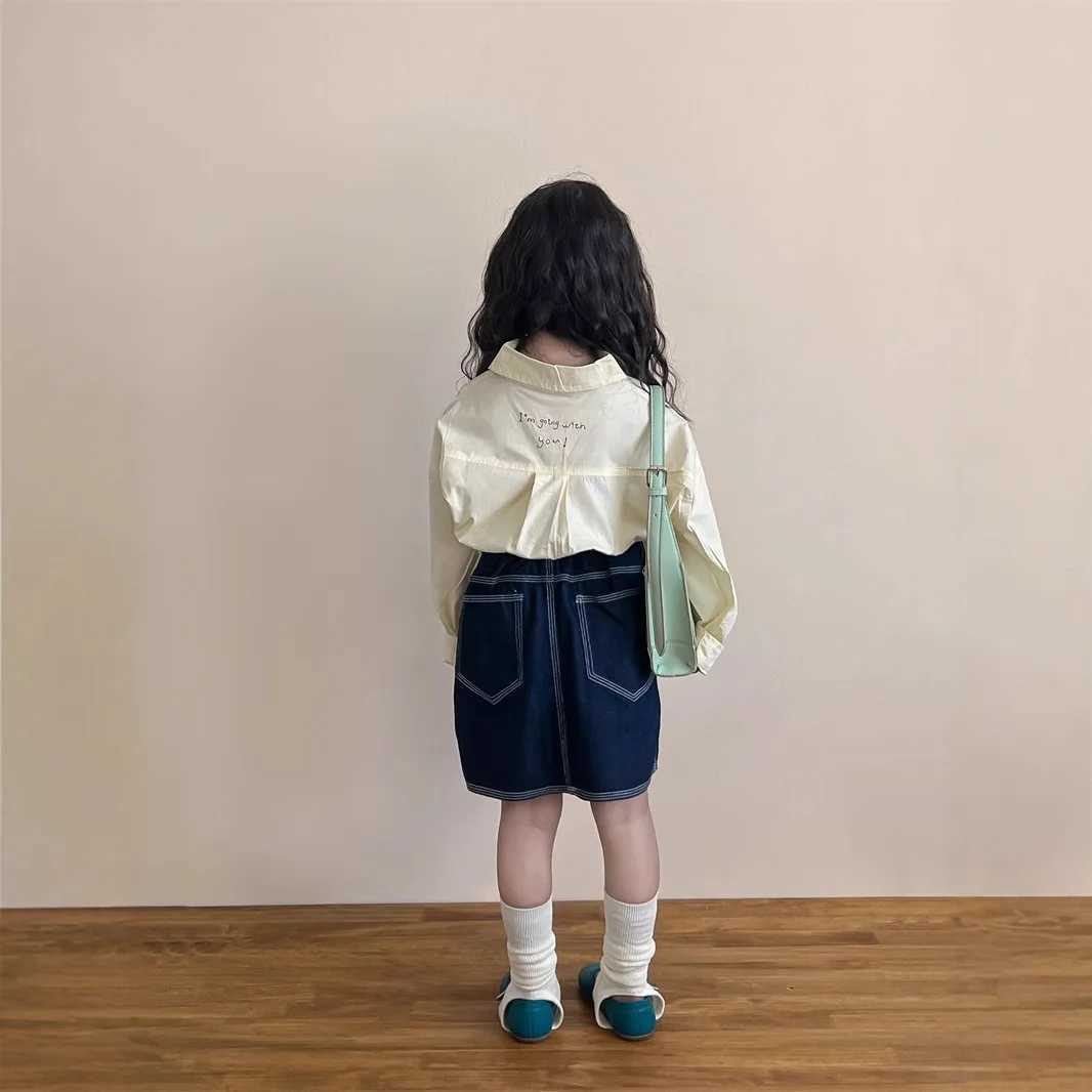 Japanese casual boys girls spring and autumn light yellow cotton puppy embroidered arc pendulum longsleeved fashionable shirt C251007