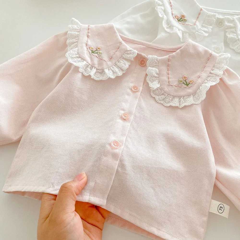 Korea Style Children Girl Shirt 05Years Toddler Kids Long Sleeve Lace Peter Pan Collar Princess Tee Tops Outfits Spring Clothes C251007