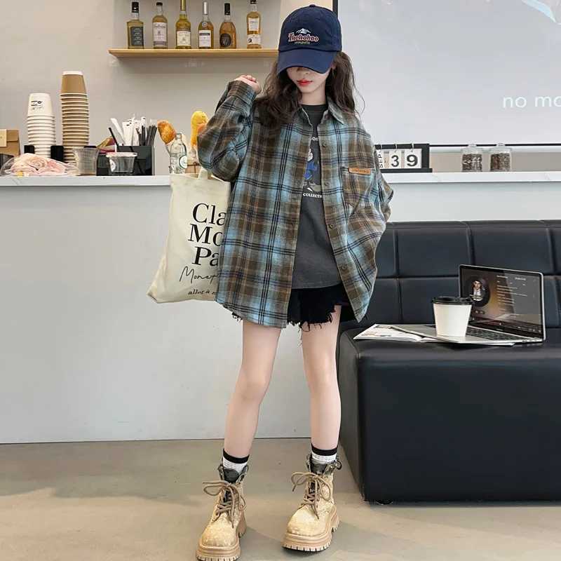 Korean Kids Autumn Long Sleeve Plaid Blouse for Girls Outfit Clothing Tops Children Baby Clothes School Uniform Shirt Outerwear C251007
