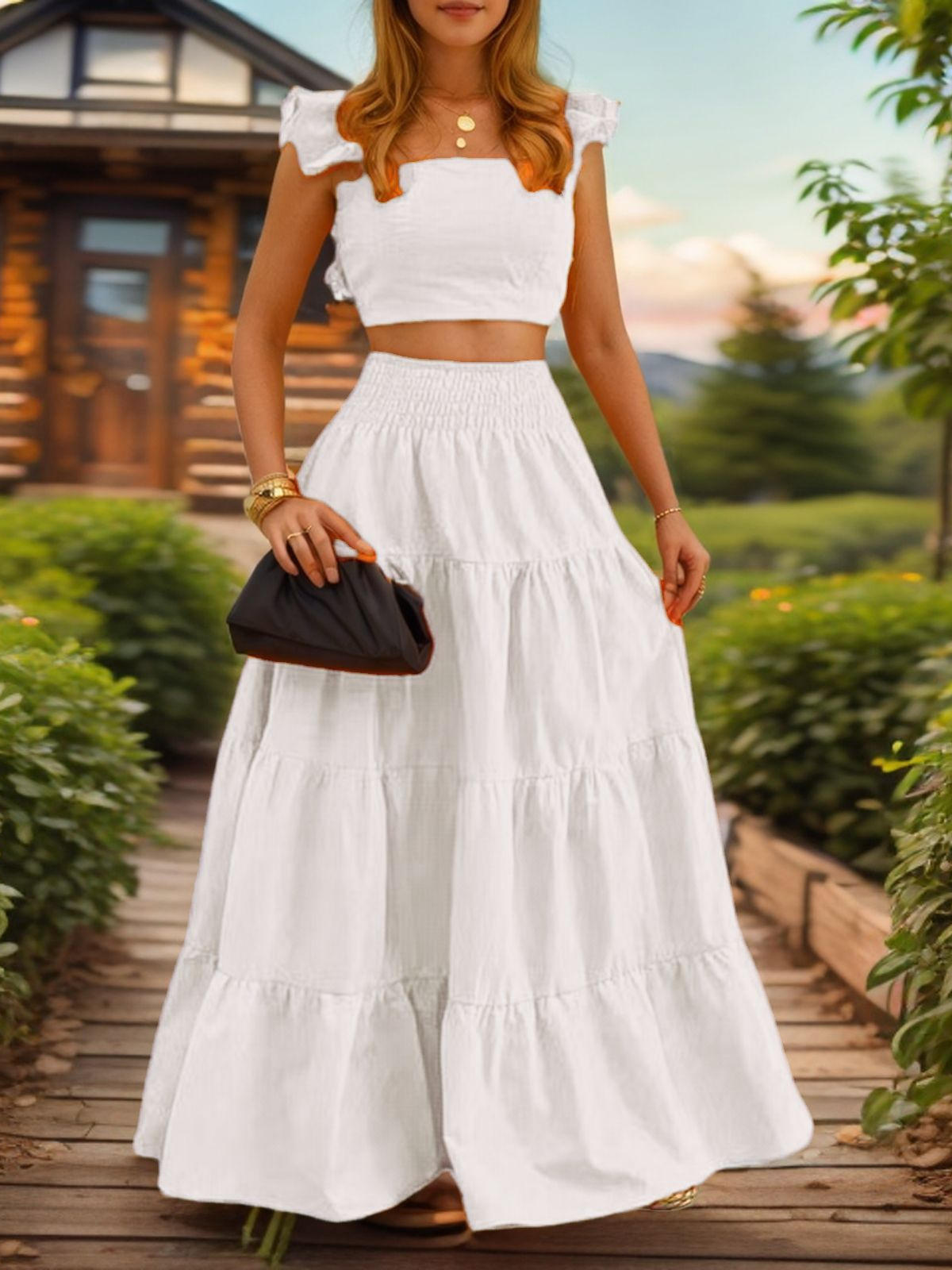G107Solid color sexy style ruffled French suspender skirt two-piece dress women's suit