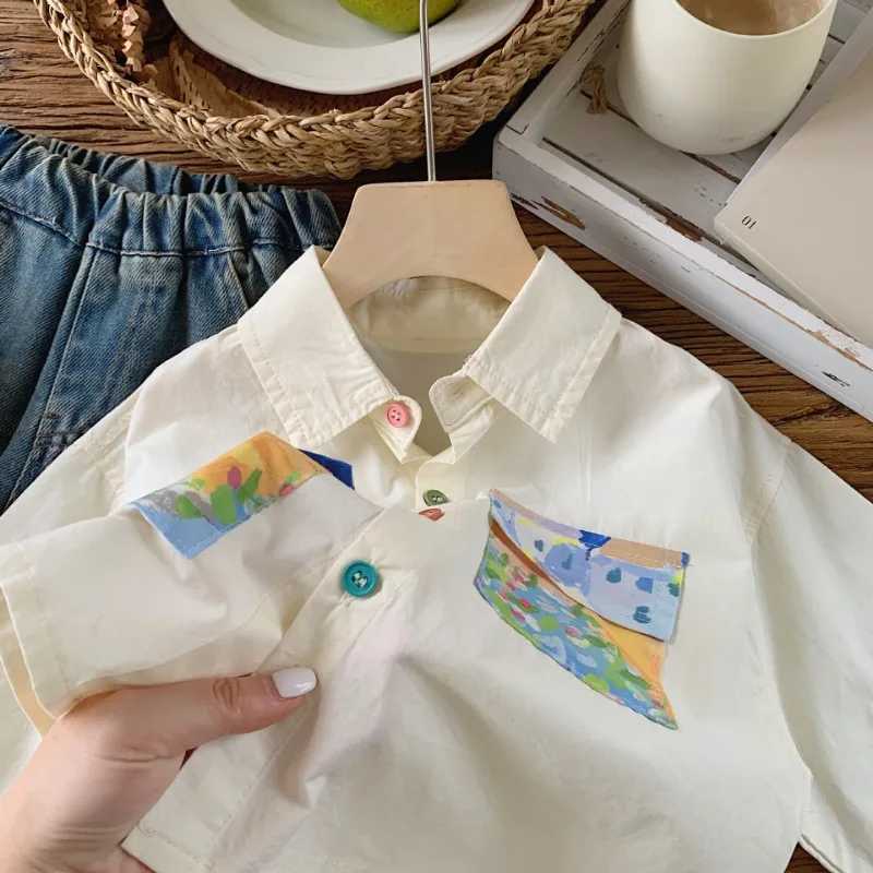 2024 Summer Kids colorful painting long sleeve shirts Boys pure cotton thin shirt turndown collar Tops C251007