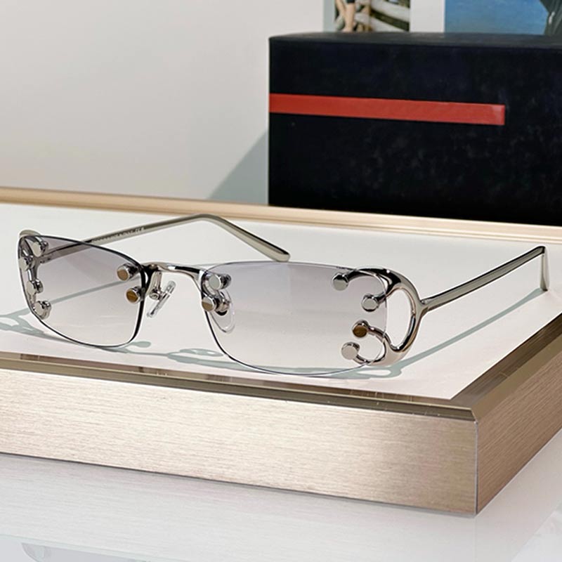 Designer Women Runway Sunglasses SPRC57 Sunglasses for Women Smoky Gray Rectangular Rimless Lenses Nouveau Silver Metal Temple UV400 Fashion New Womens Eyewear