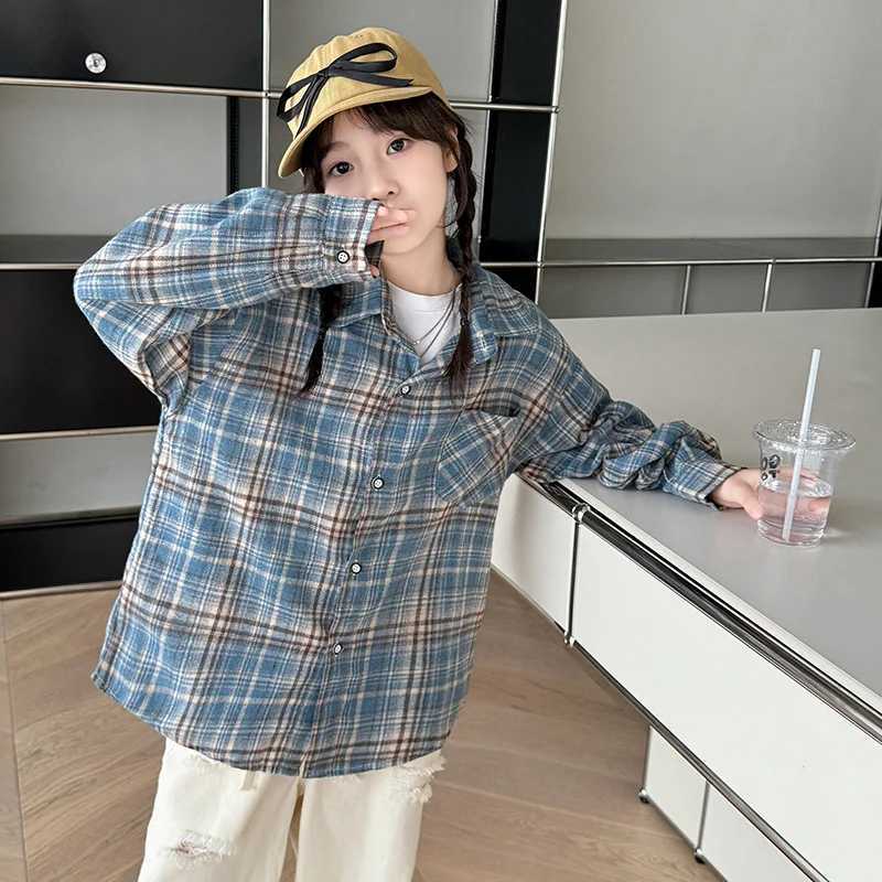 Korean Child Long Sleeve Plaid Blouse For Girls Casual Cotton Shirt with Pocket Teenage School Kids Spring Clothing Outfits C251007