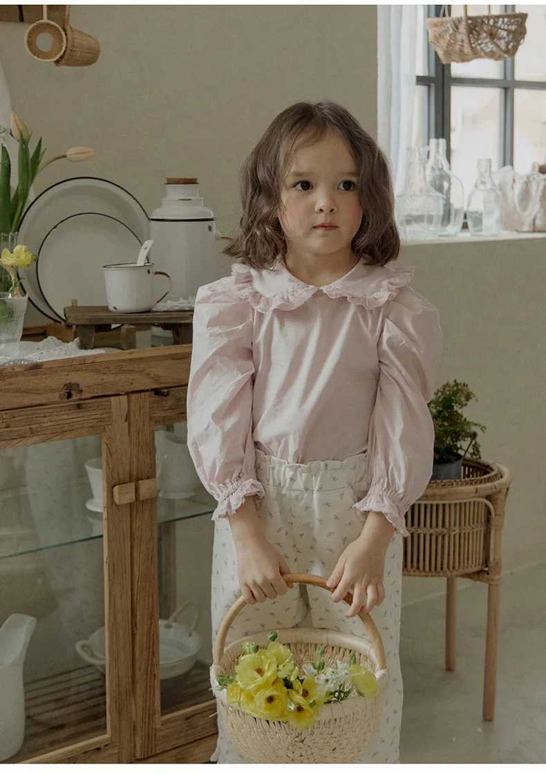 Blouses Spring Korea Girls Children Clothing Lovely Lapel Collar Solid Color Long Sleeved Princess Style Shirt 2024 C251007