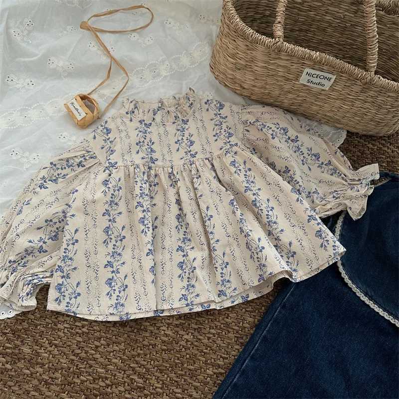 deer jonmi 2024 New Autumn Toddlers Girls Printed Blouses Puff Sleeve Ruched Tops Korean Style Baby Kids Loose Shirts C251007