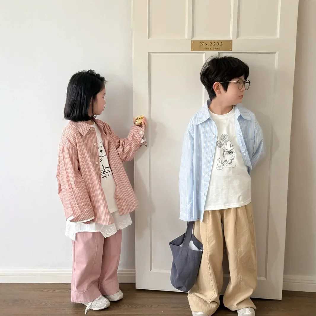 Childrens Shirt 2025 Spring New Korean Fashion Casual Vertical Stripe Collar Long Sleeve Shirt Kids Clothes C251007