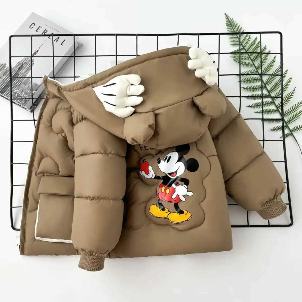 Disney Baby Boy Girl Down Jacket Autumn Winter Children Mickey Mouse Cartoon Thicken Cotton Coat With Bag Toddler Kids Hooded Outerwear H251007