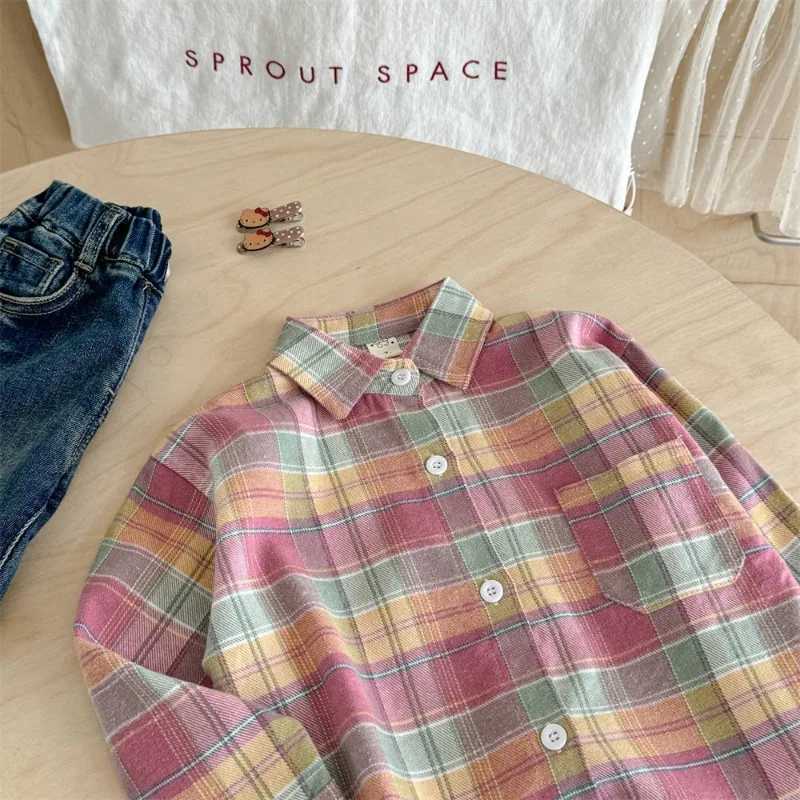 Girls Shirt 2025 Autumn New Colorful Checkered Long Sleeve Sweet and Cute Retro Soft and Comfortable Daily Wear C251007