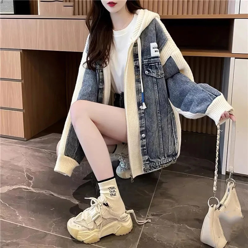 Lazy Wind Ladies Splicing Together Jeans Jacket Autumn Winter Female Loose Hooded Knitted Denim Coat Women Cow Outwear 250930