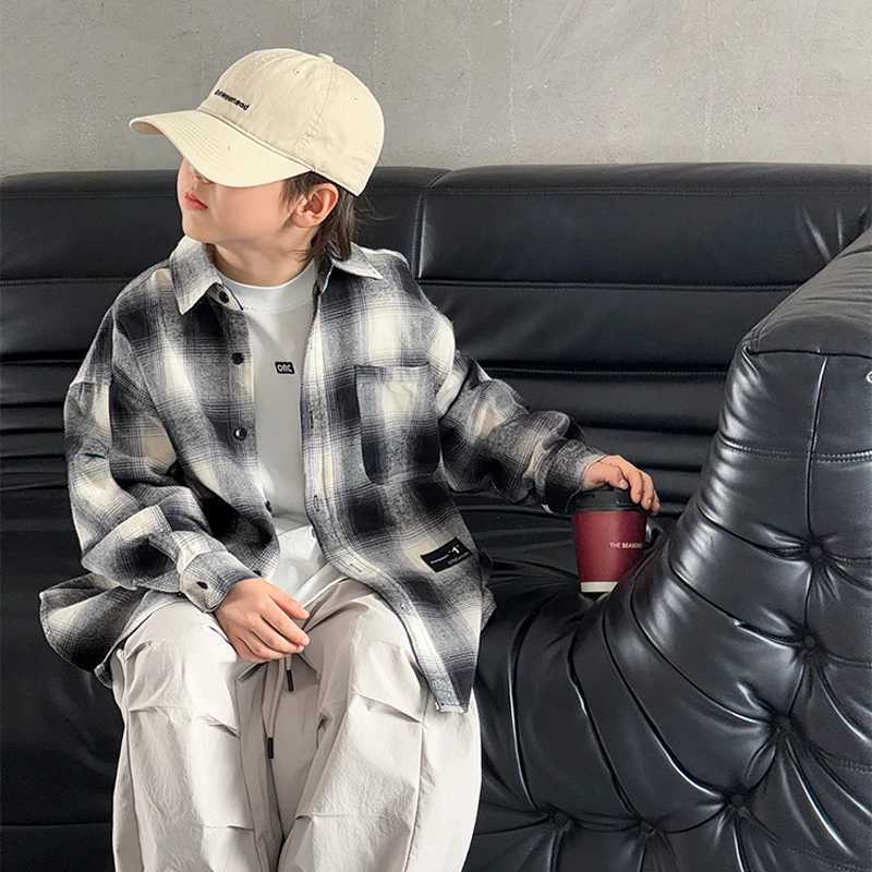 2025 Autumn Children Long Sleeve Plaid Shirt for Teenage Boys Classic Design Loose Casual Blouse Kids Cotton Clothing Age 314Y C251007