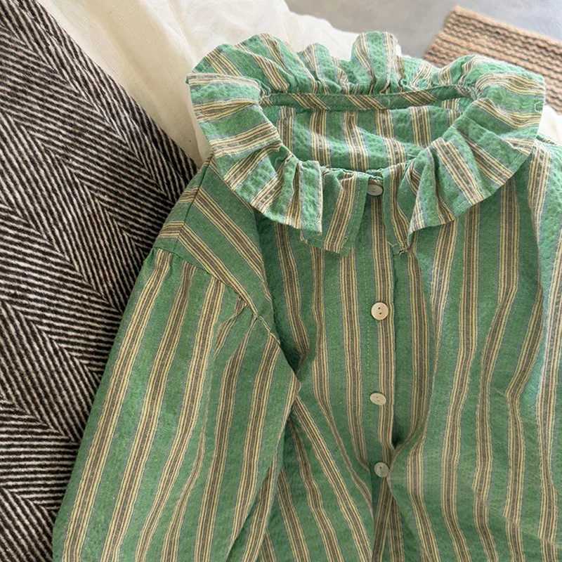 Retro Fashion Girl Blouse2025 New Green Striped Childrens Shirt Top Cotton Girls Shirt Boutique Childrens Clothing C251007