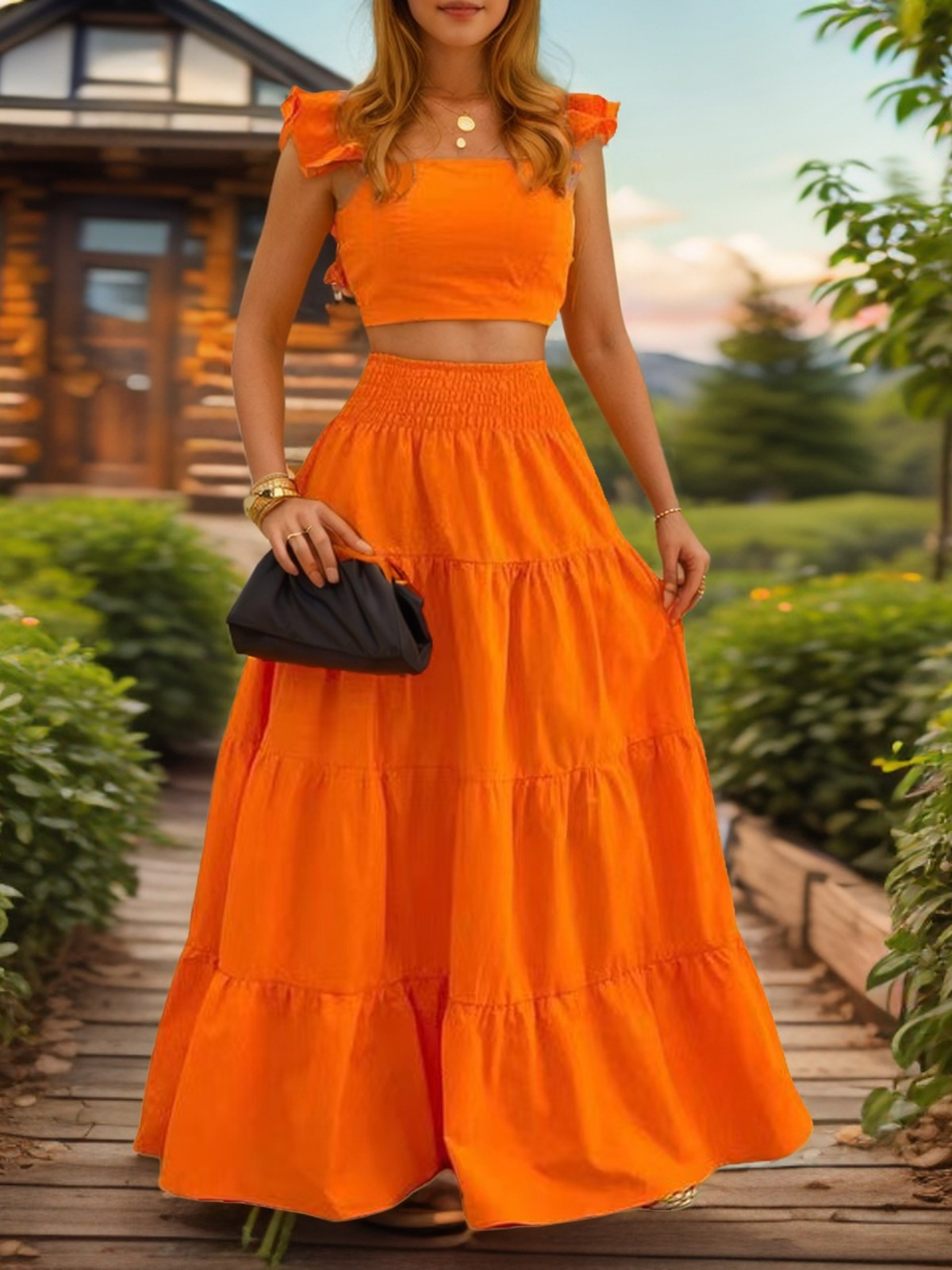 G107Solid color sexy style ruffled French suspender skirt two-piece dress women's suit