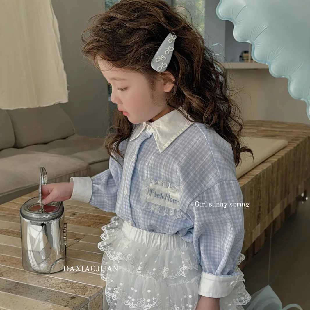 20 25 new girls Korean period plaid lace labeled small fresh shirt girls blouse children shirts C251007