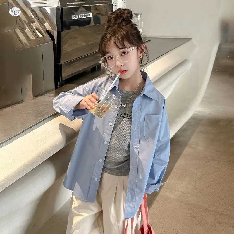 516Y Girls Blouses 2025 Autumn New Korean Fashion Casual Daily Solid Color LongSleeve Turndown Collar Shirt Kids Spring Coat C251007