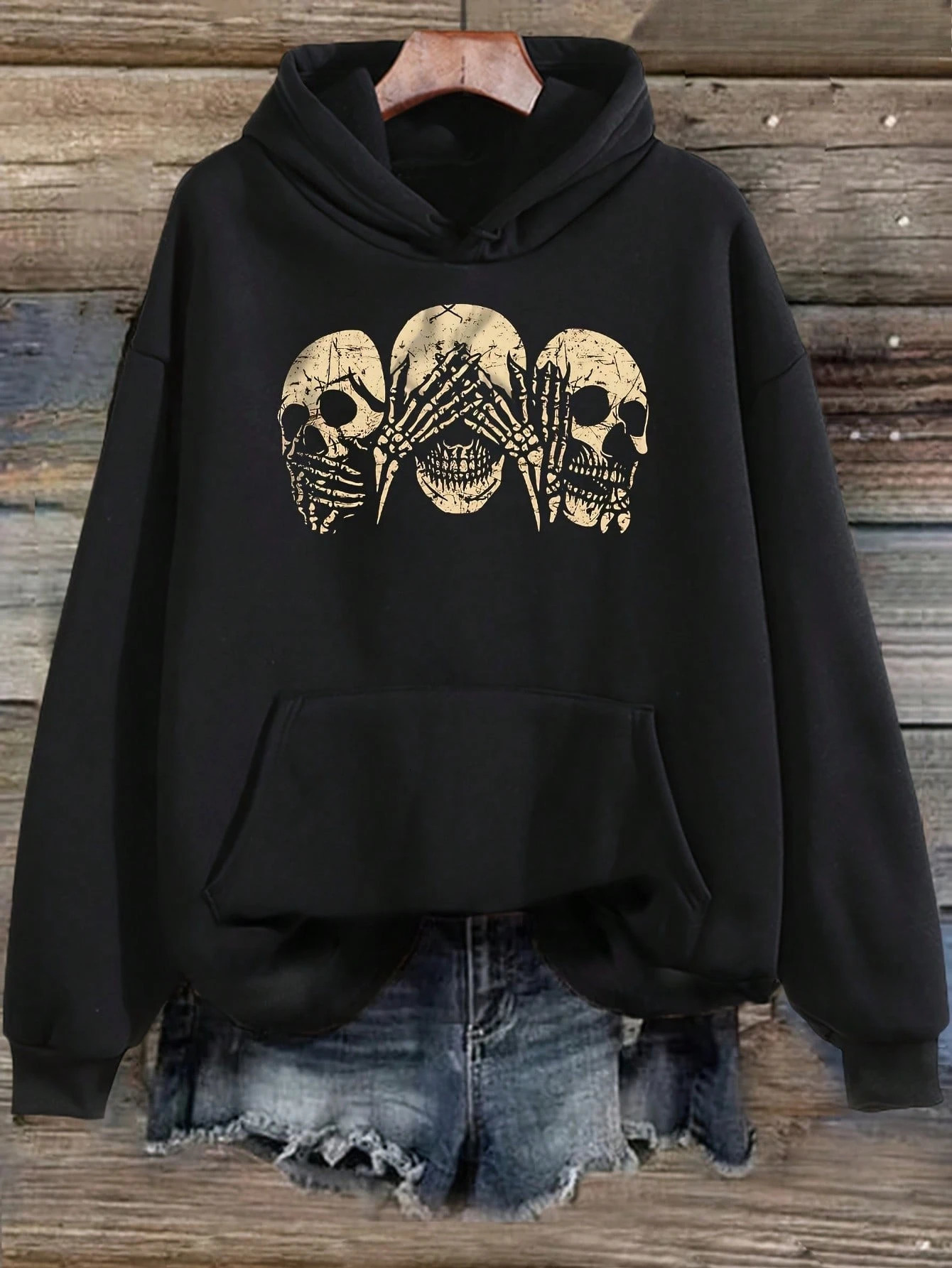 2025 Gothic Skull Hoodie Cozy Black Gothic Skull Print Hoodie Women Autumn Winter Fashion Clothing Hooded Casual Y2k Sweatshirt 250930