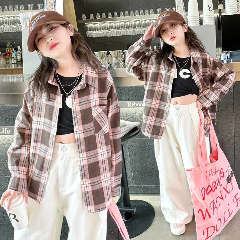 Spring Child Long Sleeve Plaid Shirts for Girls Fashion High Street Outerwear Teenage Kids Cotton Plaid Blouse 5 7 9 11 13 14 Y C251007