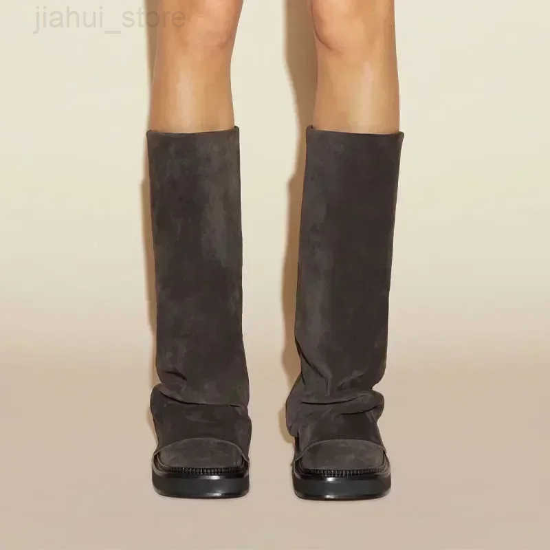 New Large Walled Flat Bottomed Round Toe Sleeve Knee High Pleated Womens Boots Retro Knight Boots Shoes for Women M251007