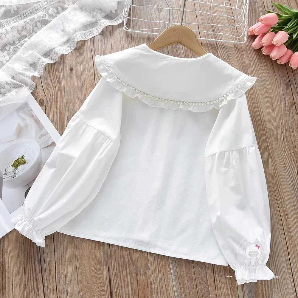 Girls Long Sleeved Shirt 2025 New Spring Girls Autumn Style Childrens Turn Down Collar Baby Girls Shirt Lace White Blouse C251007