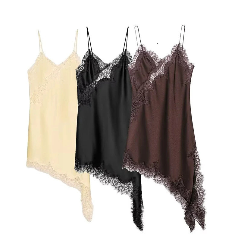 Satin Sexy Lace Spliced Short Sling Dress Women Sleeveless Backless Asymmetric Sexy Party Dresses 2025 Summer Lady Dress 250922 - view 3