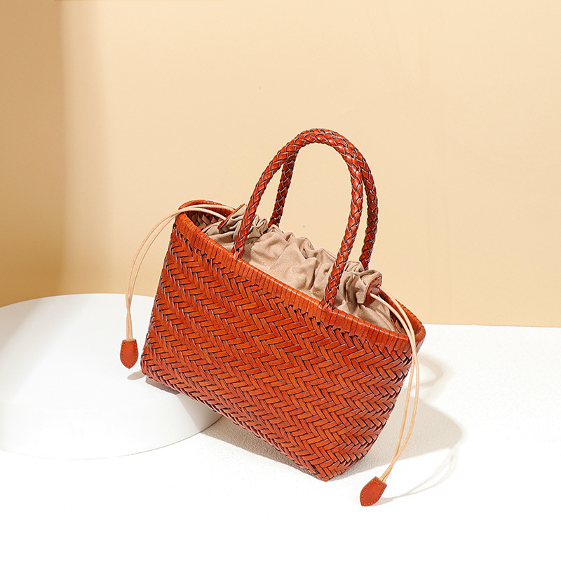 INS Soft Genuine Leather Women's Handbag French Style Basket First Layer Cowhide Handmade Rattan Woven Bag