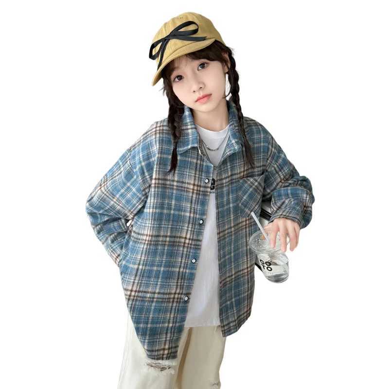 Korean Child Long Sleeve Plaid Blouse For Girls Casual Cotton Shirt with Pocket Teenage School Kids Spring Clothing Outfits C251007