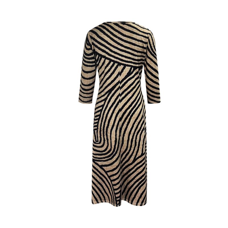 Womens Striped Print V-neck Midi Dress Breathable Milk Silk Fabric for Summertime-CF50693
