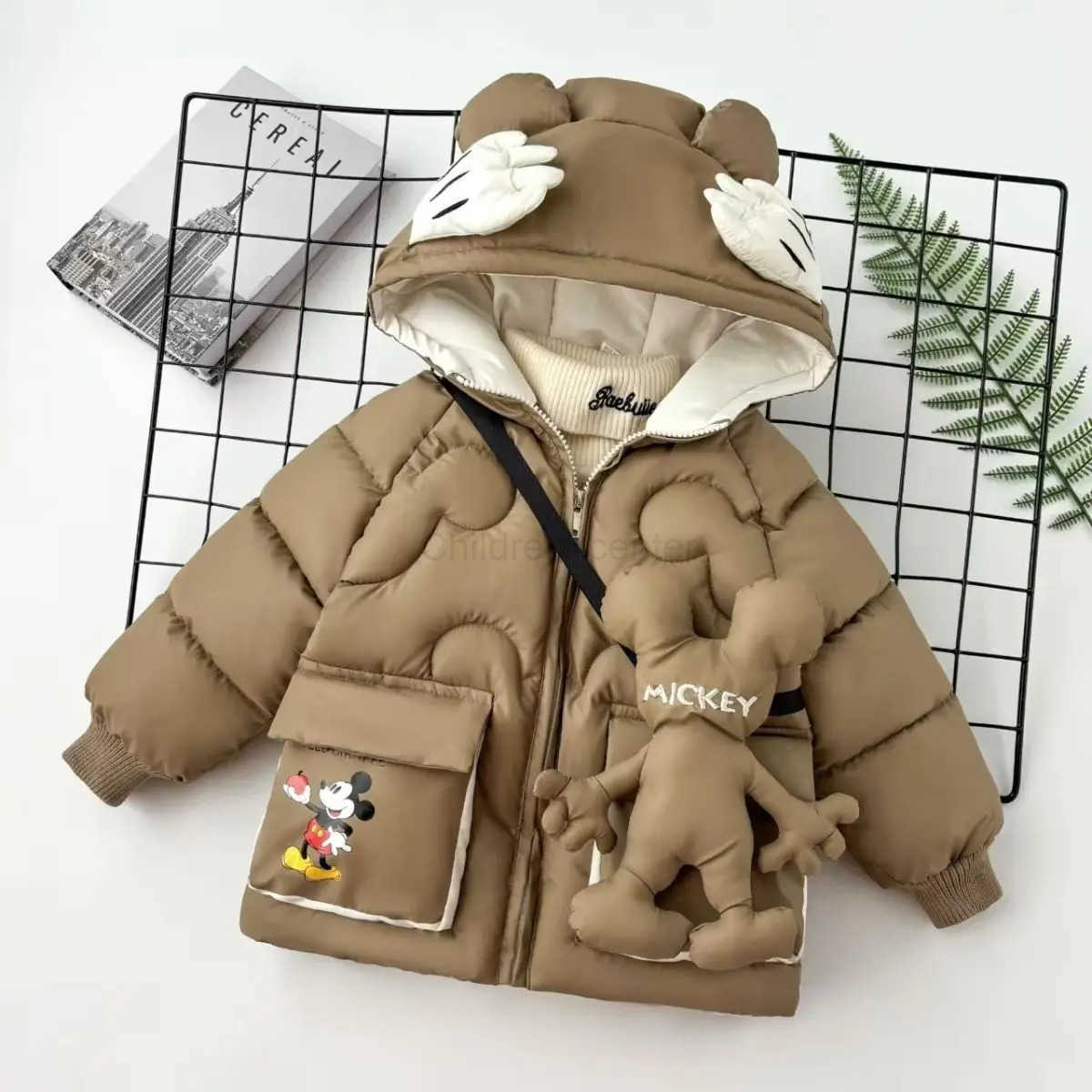 Disney Baby Boy Girl Down Jacket Autumn Winter Children Mickey Mouse Cartoon Thicken Cotton Coat With Bag Toddler Kids Hooded Outerwear H251007