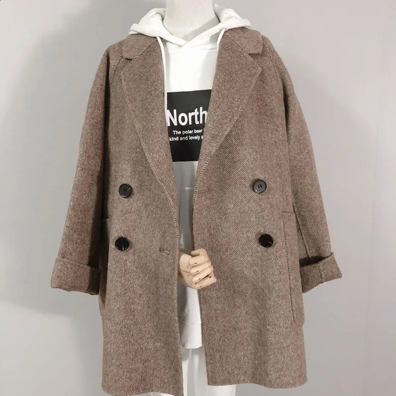 Womens Herringbone Pattern Woolen Jacket Cashmere Blazer Korean Loose Thick Coat Spring Autumn Winter y250922