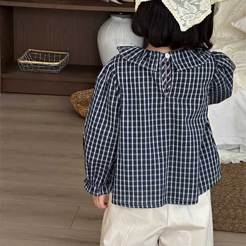 2025 Autumn New Children Label Blue Grid Shirt Fashion Children Clothing Girls Long Sleeve Versatile Top C251007
