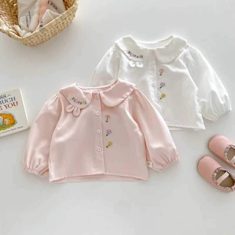 Stylish Baby Girls Flower Embroidery Shirts 05 Years Old Cartoon Lapel Girls Cotton Cardigan Childrens Casual Shirt Outerwear C251007