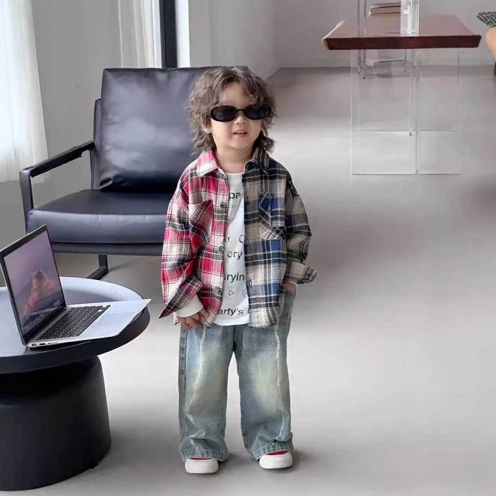 Boy Korean Childrens Clothing Soft 2025 Autumn New Collection Red Blue Color Blocked Checkered Shirt Pure Cotton Blouses C251007