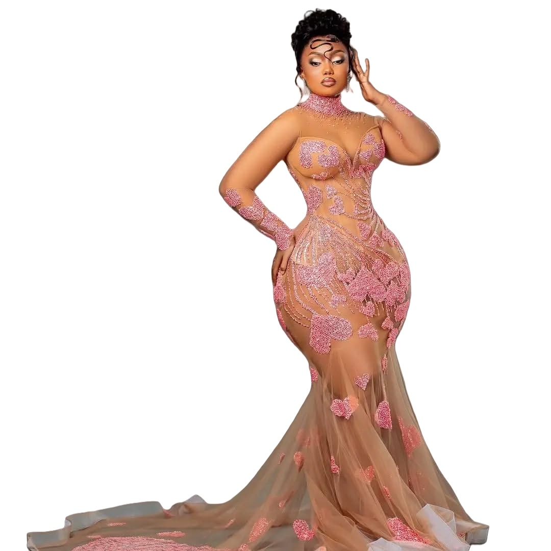 Blush Pink Mermaid Prom Dresses 2025 Beaded Applique Illusion Evening Formal Party Second Birthday Engagement Gowns Plus Size Dress For Special Occasi
