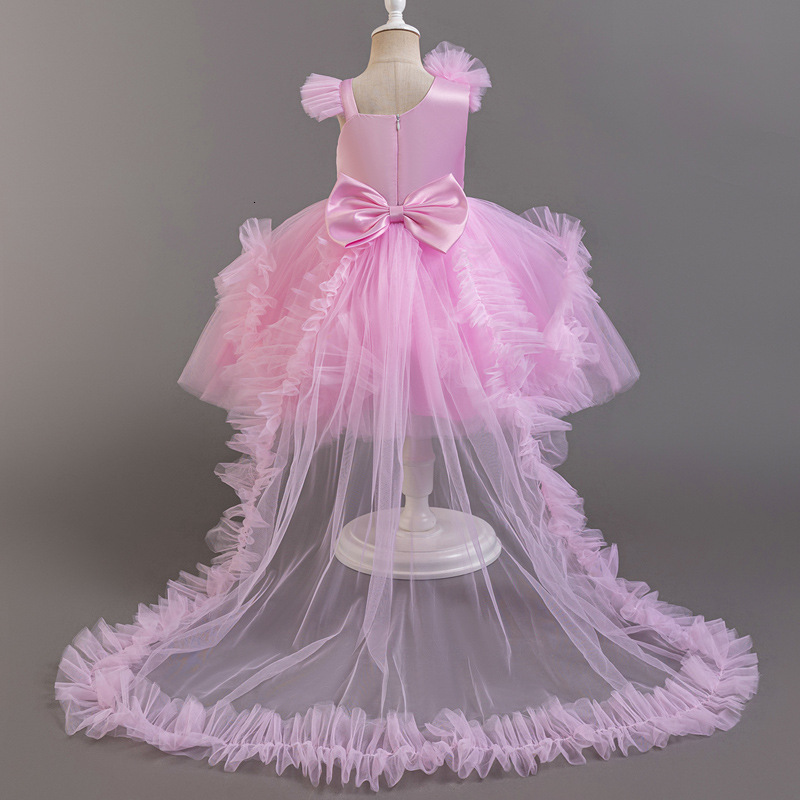 Puffy Girl Dress Pink Baby Dress with Train Flower Girl Dress Bow Cute Kids Child Birthday Dresses Frist Communion 250829