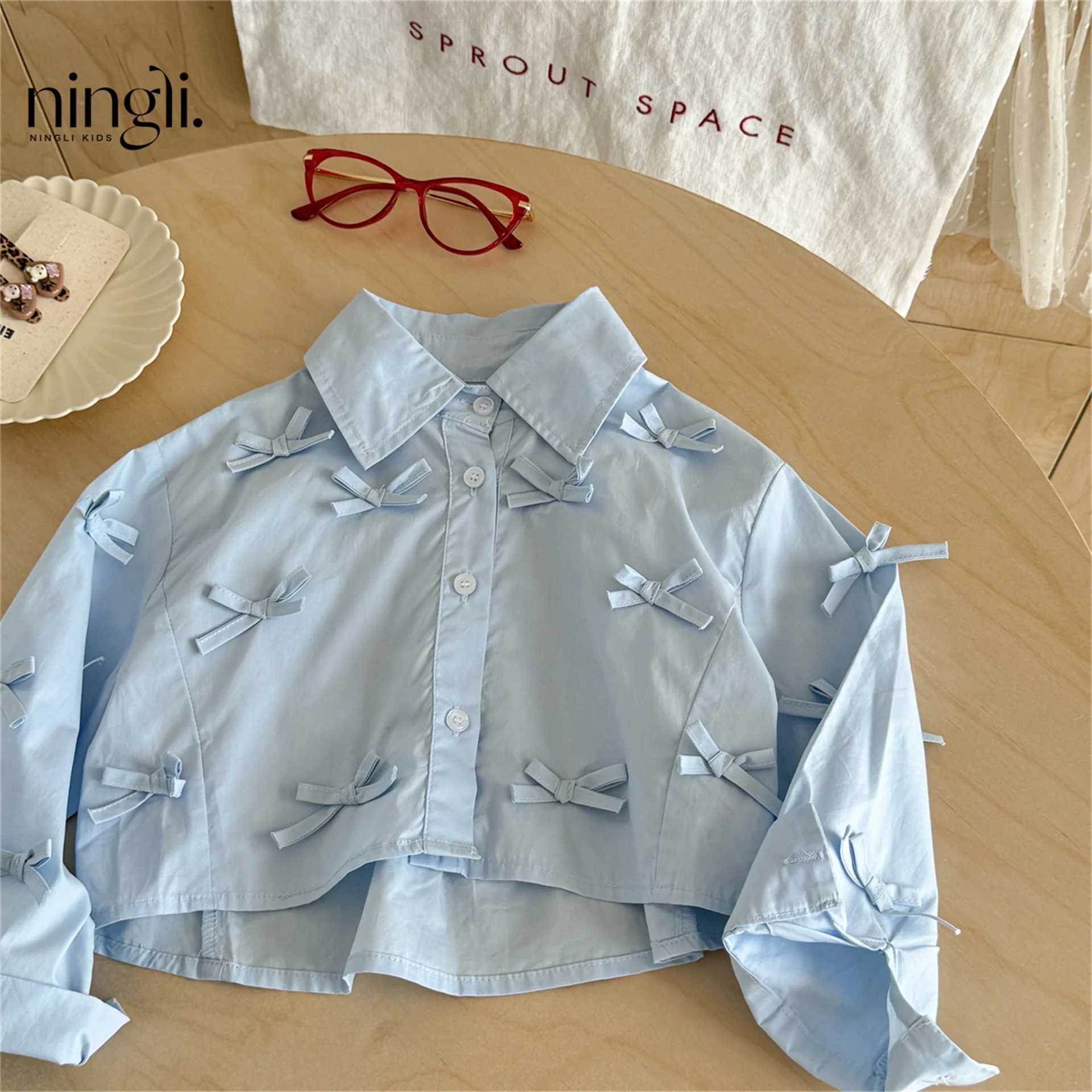 6785 Children Shirt 2025 Autumn New Baby Girls Bow Shirt Korean Leisure Girls Short Blouse Tops C251007