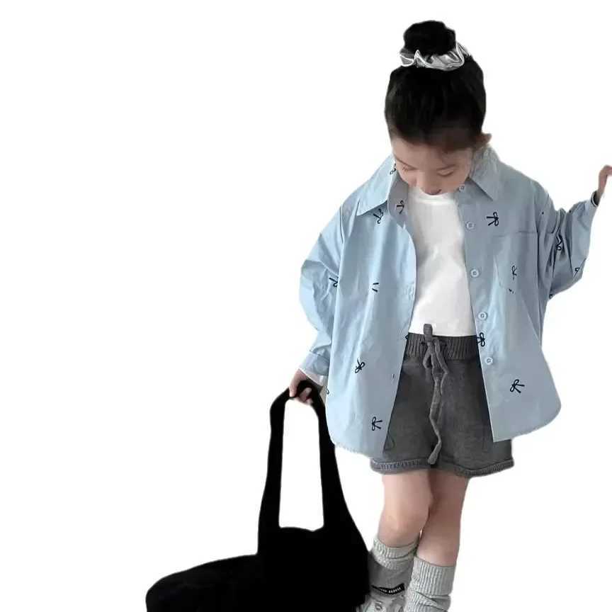 Childrens Blouses Girls Lazy Style Bow Printed Shirt Baby Design Casual Long Single Breasted Buckle Soild Color Jacket Blouses C251007