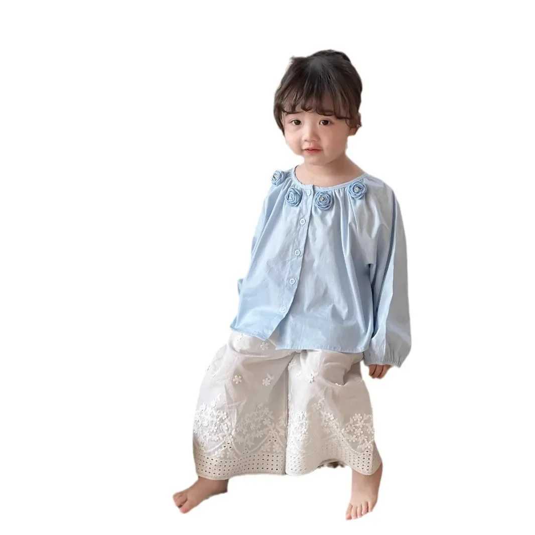 Girls Shirt 2025 Spring New Korean Fashion Solid Color Camellia Long Sleeve Doll Shirt Kids Clothes Girls C2510071