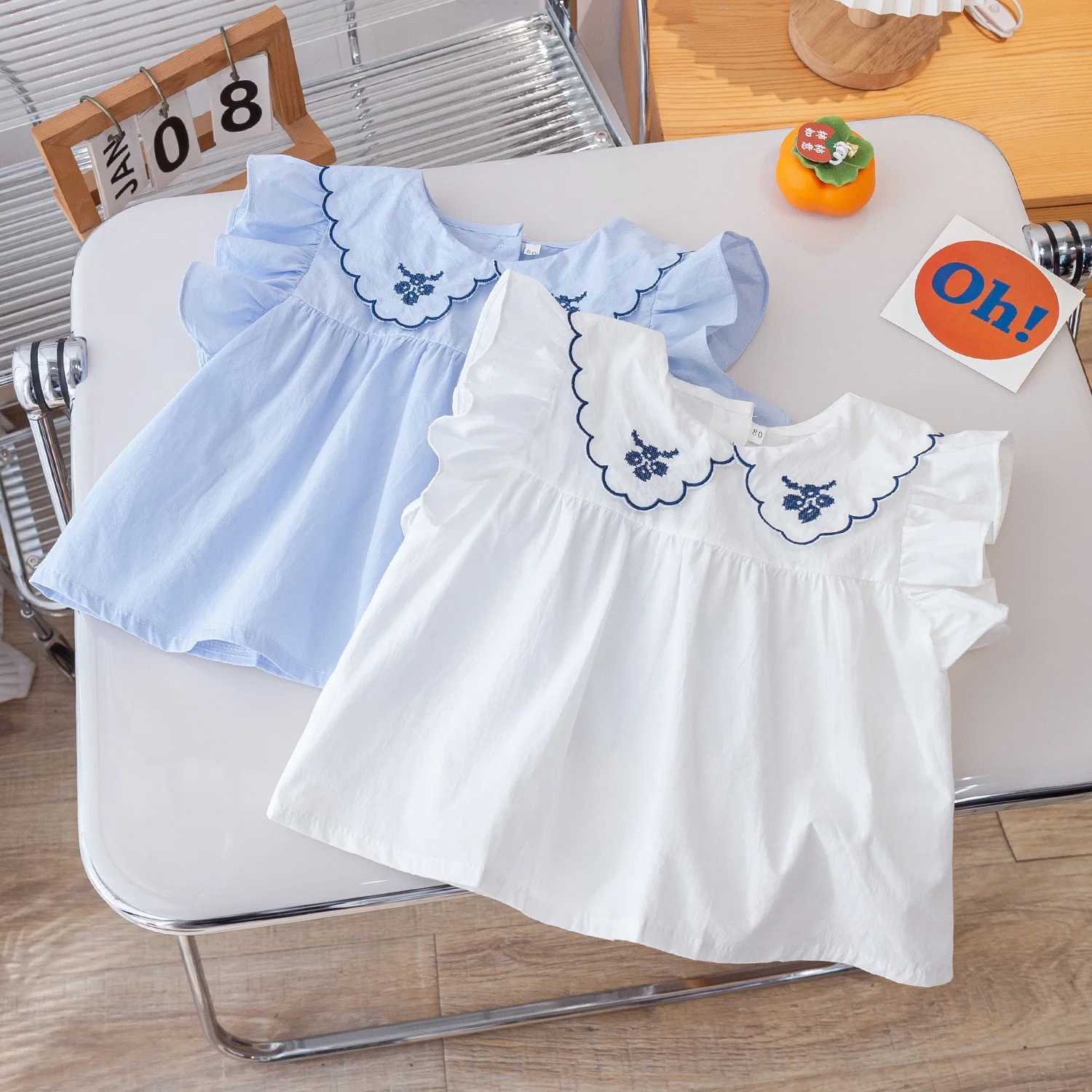 Girls ShortSleeved Tops Summer New Middle and Small Children Loose Version of Doll Dress Shirt Baby Solid Colour Clothes C251007