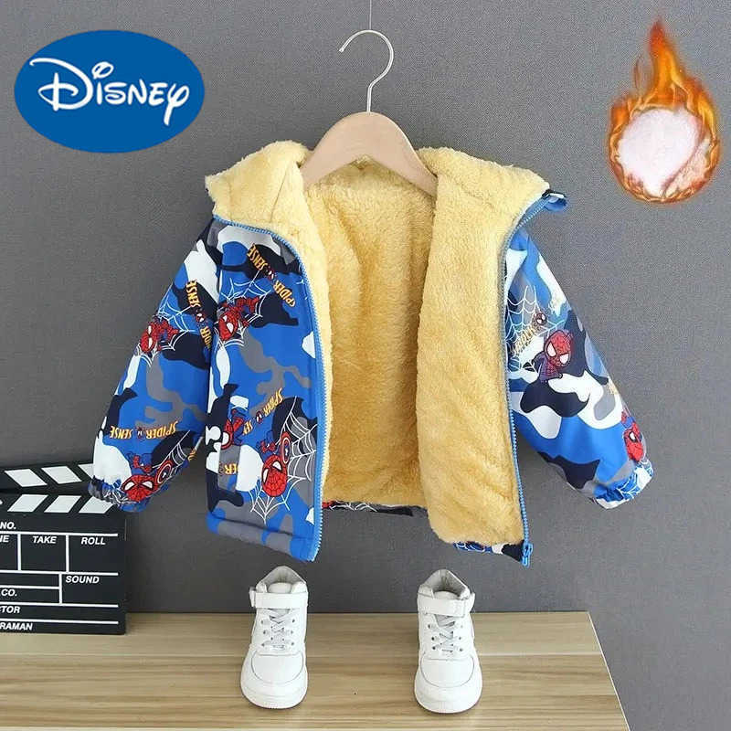 Disney Winter Childrens Parkas Coat Kids Boys Cartoon Spider Man Full Print Hoodie Jacket Toddler Thicken Plush Warm Outerwear Clothes H251007