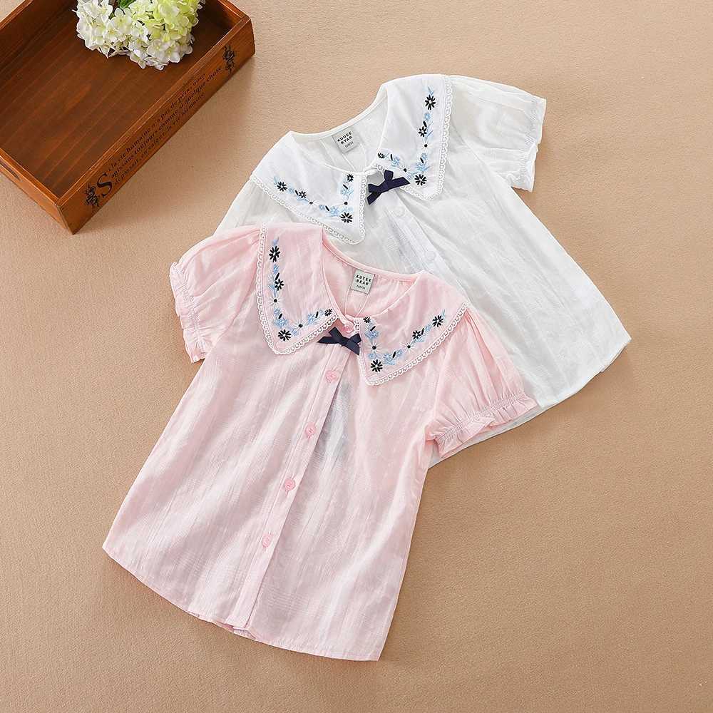 Girls Blouse Shirts Summer Short Sleeve Cotton Lovely Lace Causal White Tops Childrens High Quality Clothes C251007