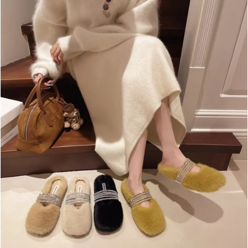 Winter Fashion Shining Rhinestone Women Fur Slippers Fluffy Fur Outward Soft Flat Shoes Elegant Womens Party Dress Mule Shoes 250923
