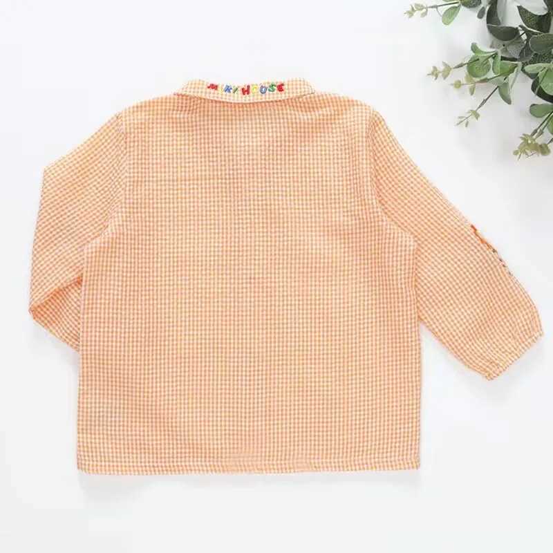Autumn Girls Orange Plaid Blouse Shirt Cute Cartoon Bear Lion Embroidery Boy Long Sleeve Layering Casual Top for Toddler Kids C251007