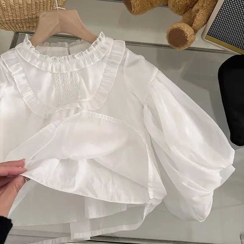 New Girls Long sleeved Shirt Versatile Bottom Autumn Korean Edition Childrens Cute Bubble Sleeves Chiffon Shirt C2510071