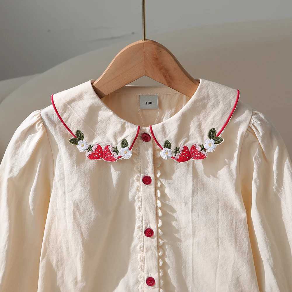 Girls Casual Shirt 100 Cotton Blouse Strawberry Embroidered Collar Long Sleeves Button Front 26 Years Kids Fashion Clothing C251007
