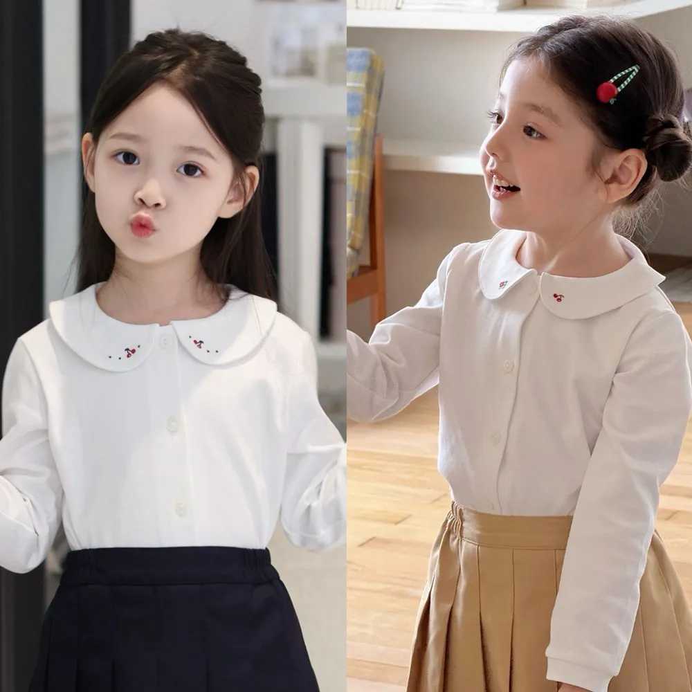Autumn Winter Girls Shirt kids girls clothes Cherry and flower embroidered doll collar shirt white base cotton top C251007